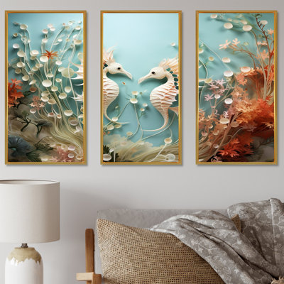 "Watercolor Sea Dragons Dance Collage", ensemble d'art mural sur toile corail sous l'eau
