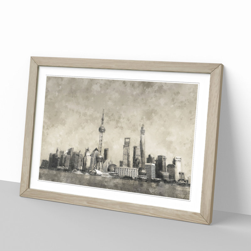 Shanghai Skyline Vol.2 - Picture Frame Graphic Art, Oak Framed, 27cm H x 36cm W x 2cm D