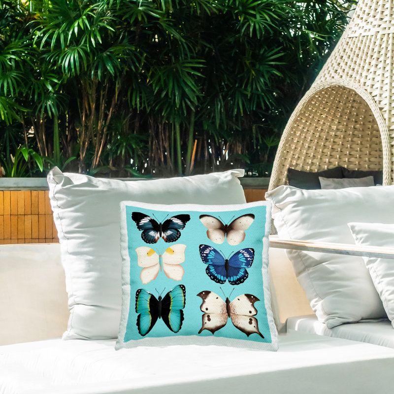 Coussin d'extérieur imprimé six papillons sur fond turquoise, par Metka Hiti, 18 x 7 x 18