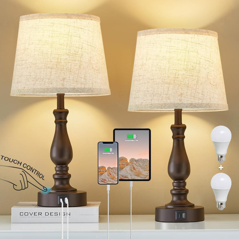 Table Lamp Set With 3 Way Dimmable Touch Desk Lamp (Bulbs Included), Beige, Brown