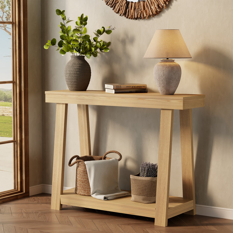 43.5'' Wood Entryway Table, Narrow Console Table With Storage, Behind Couch Sofa Table With Open Shelves For Hallway, Narrow Space, Easy Assembly, Oak
