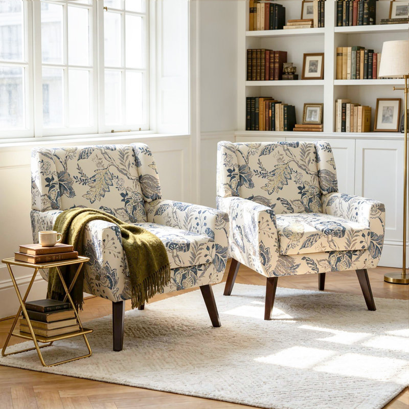 Davey Upholstered Pattern Leaf Linen Blend Tufted Wide Back Armchair with Solid Wood Leg, Cream/Blue Linen Blend