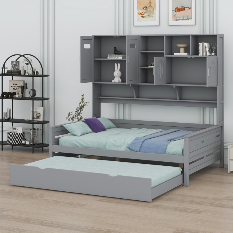Lit de jour avec lit gigogne, armoire et tablette tout-en-un