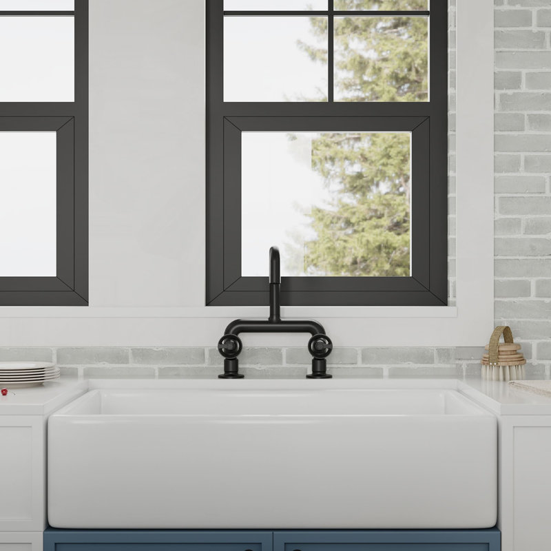 2 Hole Bridge Kitchen Faucet Double Handle Kitchen Sink Faucets Brass Kitchen Basin Taps, Matte Black