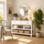 Console rétro avec deux tablettes ouvertes, structure en bois de pin massif et pieds pour le salon (blanc antique)-822982621