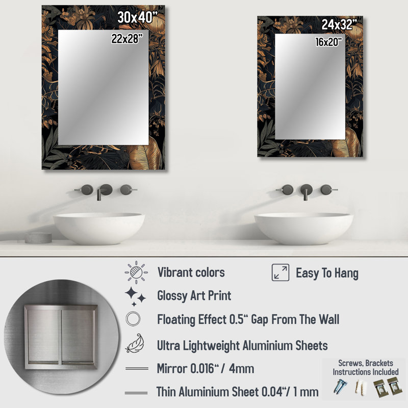 Gold Tropical Leaf Serenade III - Leaves Large Mirror, Traditional Unique Wall Mirror Decor, Printed Metal Art, 32" x 24"