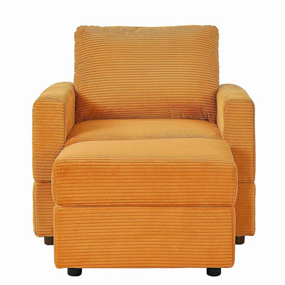 Classic Corduroy Chaise Lounge, Comfy Sofa Chaise Couch Chair, Upholstered Accent Chair with Ottoman for Living Room - Yellow