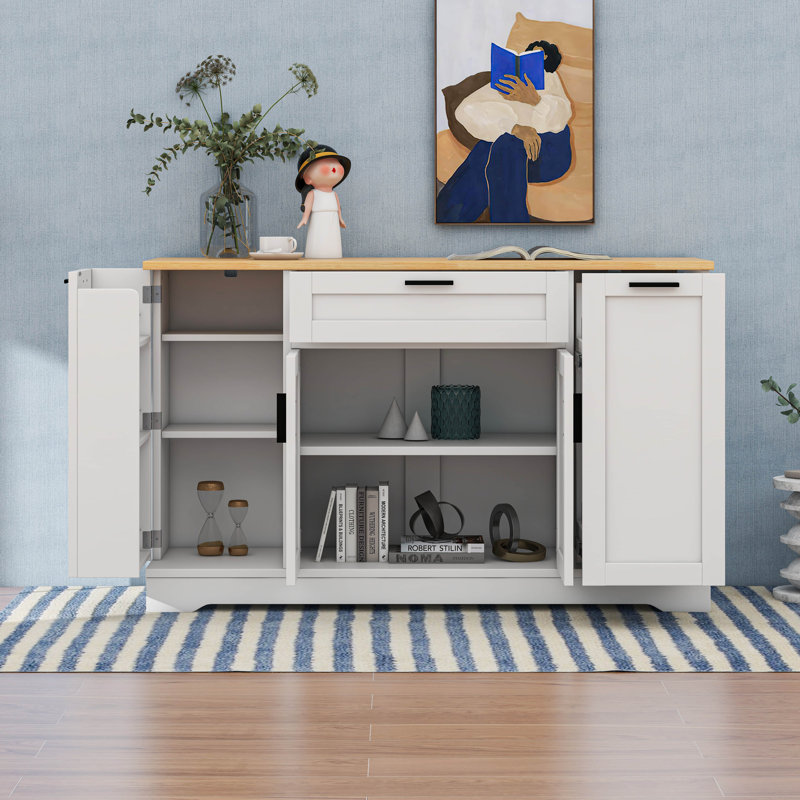 Multi-Functional Storage Sideboard,Extendable Dining Table, Adjustable Shelves,3-Tier Pull-Out Rack, White
