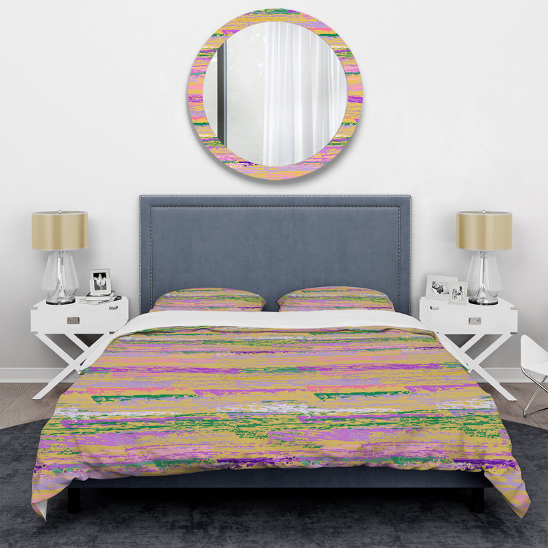 Jaune et rose à rayures grunge - ensemble de housse de couette abstrait - polyester microfibre