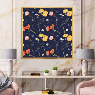 Fleurs sauvages orange et jaunes sur fond bleu foncé - reproduction sur toile