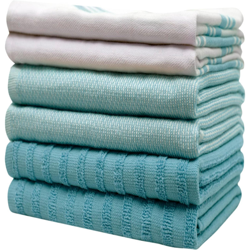 Serviettes de cuisine de qualité supérieure (paquet de 6) |  Torchons en coton | Ensemble de linge de cuisine plat et éponge très absorbant avec boucle de suspension | Rayures larges turquoise
