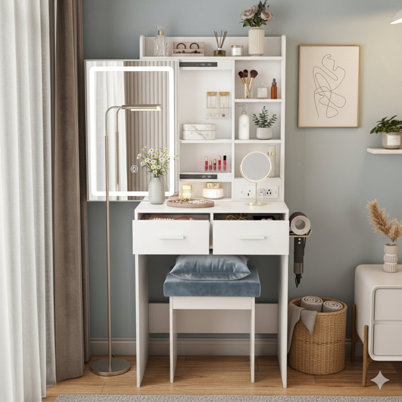 Cette coiffeuse compacte comprend un miroir et un éclairage à DEL réglable. Elle comprend une prise électrique intégrée et des compartiments de rangement dissimulés. Comprend un tabouret rembourré et une tablette supplémentaire. Bureau de maquillage peu encombrant conçu pour B compact
