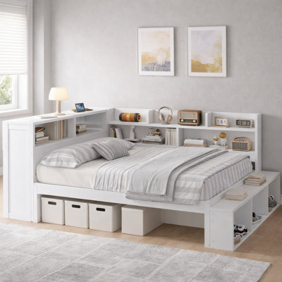 Full Size Storage Daybed With Charging Shelves, Space-Saving Wood Frame, Footboard Shoe Cubby, Contemporary, Guest Room