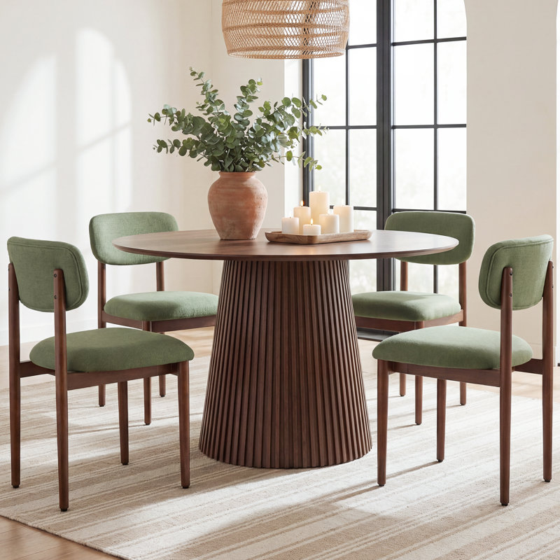 Chynthia 4 -Person Round Dining Table Sets With Upholstered Side Chair, Walnut, Green