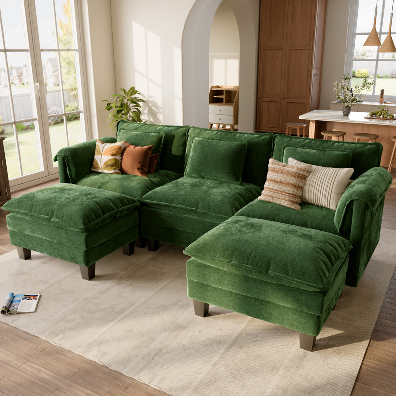 Canapé modulaire à structure en U 114 po, Chenille verte, H 34,1 po x l 113,8 po x P 55,3 po
