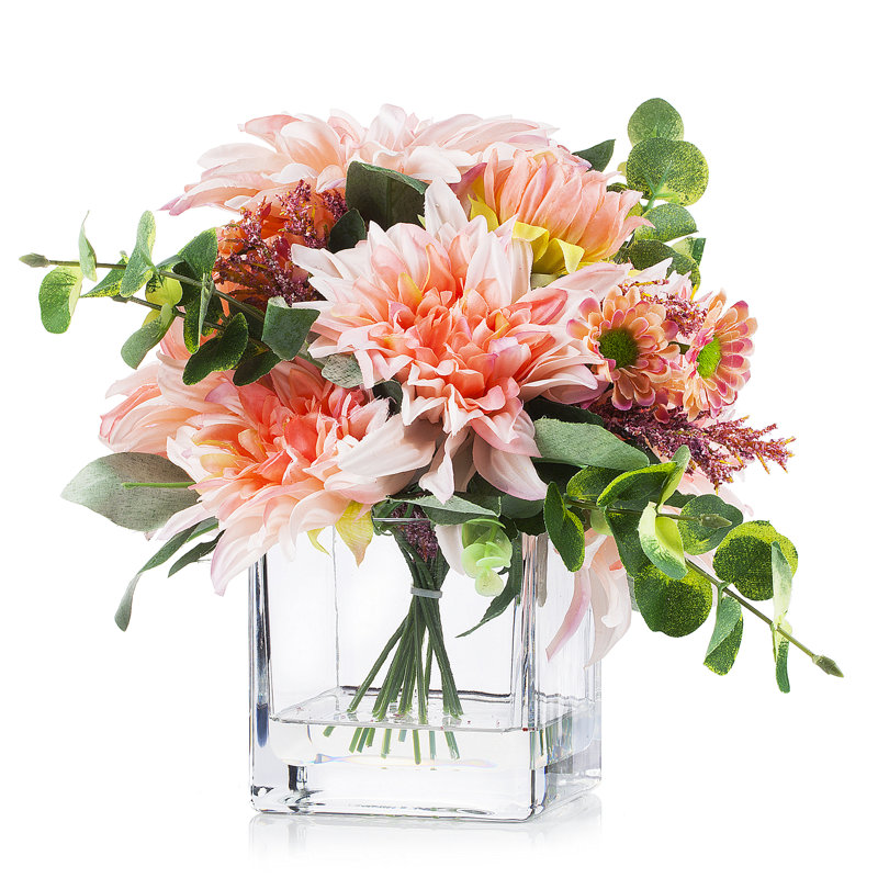 Pink Silk Dahlia and Eucalyptus Arrangement in Clear Glass Vase