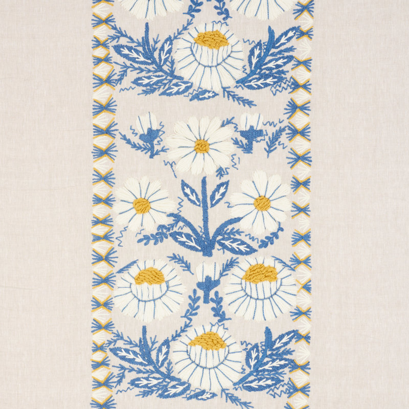 Marguerite Embroidery Fabric, Blue/Ochre