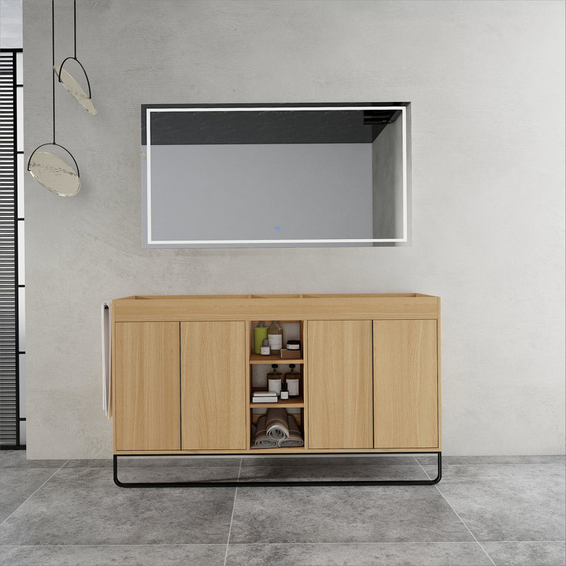 Armoire de salle de bain autoportante avec porte à fermeture douce et tablette de rangement ouverte