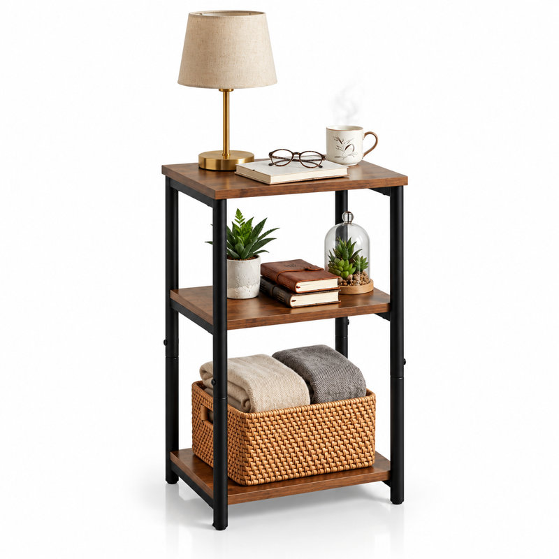 Table d'appoint industrielle à 3 niveaux avec étagères de rangement ouvertes, petite table de chevet compacte pour le salon et les petits espaces, brun rustique