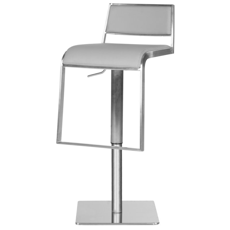 Gray Adjustable Swivel Bar Stool with Metal Base and Leather Seat