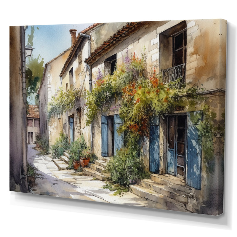 Riata, village méditerranéen, rue V - Paysage, art mural chalet, H 24 po x l 32 po x P 1 po, Toile tendue