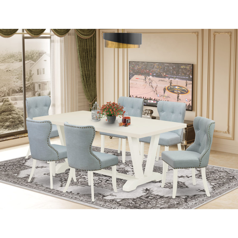 9 Piece Kitchen Table Set Includes a Rectangle Dining Table with V-Legs and 8 Baby Blue Linen Fabric Parson Dining Room Chairs, Wire-brushed Linen white
