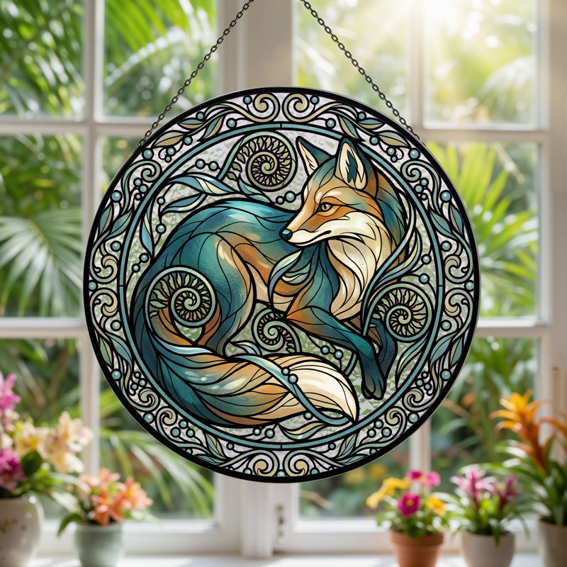Fox Art Stained Glass Window Panel，12"H, 12"H