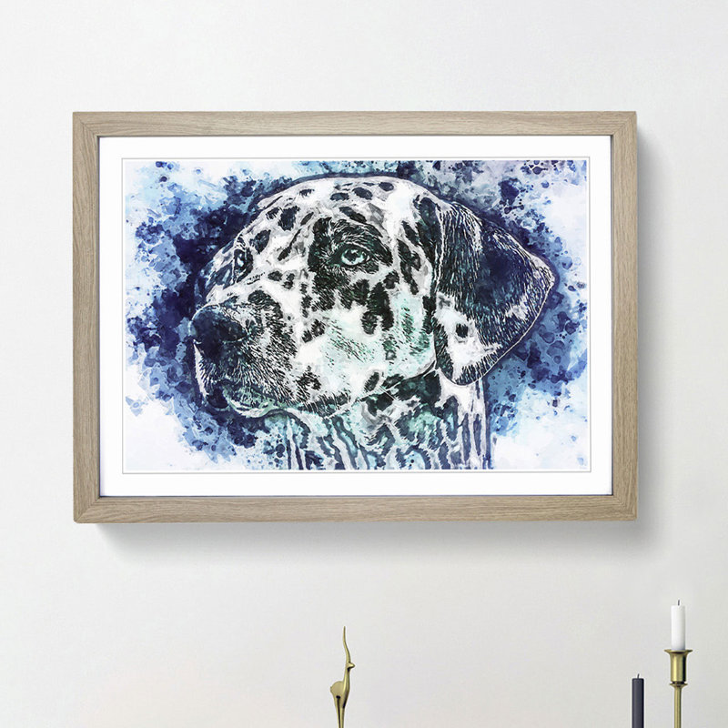 Dalmatian Dog in the Blue in Abstract - Picture Frame Painting Print, 62cm H x 87cm W x 2cm D, Oak Framed