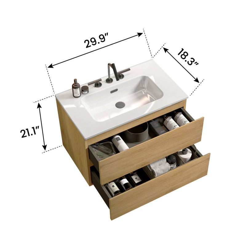 Meuble-lavabo mural en chêne naturel avec lavabo en céramique - 30 po, tiroirs silencieux modernes, rangement riche 30 po et trois trous de tiroir spacieux et pré-assemblés