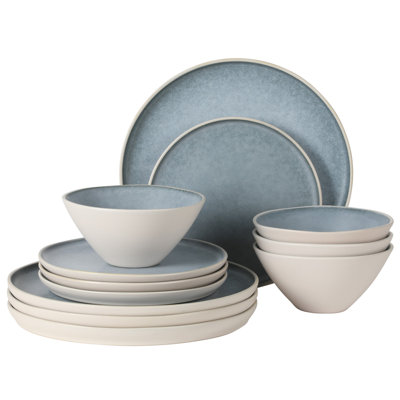 Gibson Elite Coastal Forest Plates and Bowls Sets, 12-Piece Stoneware Dinnerware Sets, Triple Reactive Glaze Dish Set - Blue and Cream White