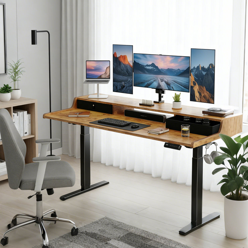 Adjustable Height Electric Standing Desk with Drawers for Home Office, Gaming Table with Storage Shelf & 4 Preset Heights