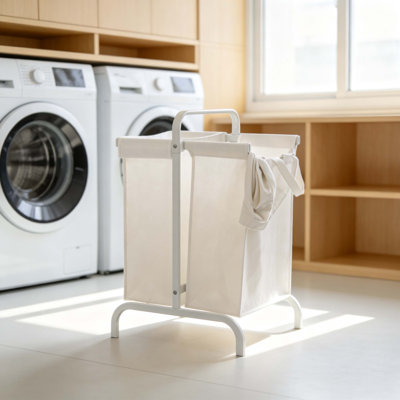 110L Laundry Sorter Hamper, 2 Section Waterproof Oxford Cloth Laundry Basket with Detachable Bags for Clothes & Toy Storage, White（Ideal for bedroom, bathroom, dormitory）