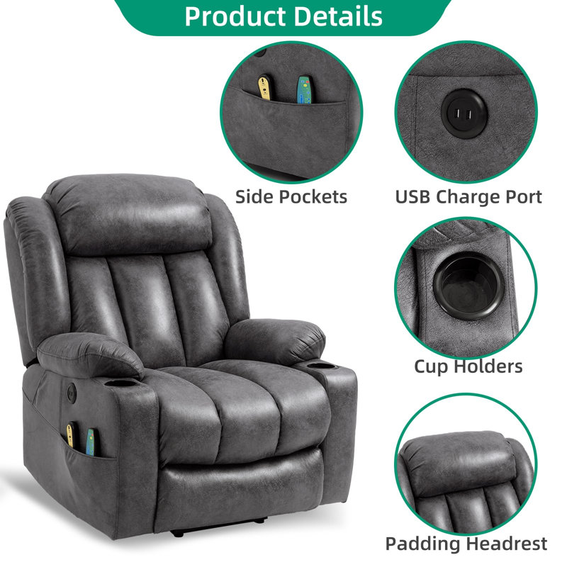 Dessia Upholstered Heated Massage Chair, Gray (Bronzing Suede Fabric)