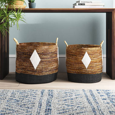 Hand Woven Rectangle Maize Storage Basket - Set of 3 - Baby Blue Stripes (Set of 3) Longshore Tides Color: Black