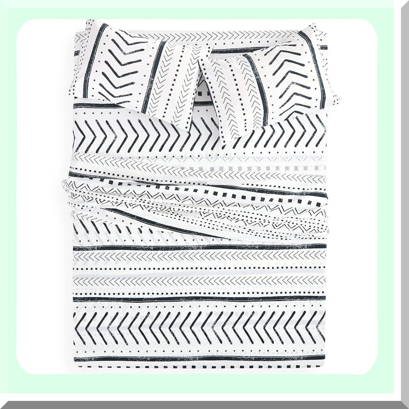 CottonGeometric Bedding Set - 4-Piece Deep Pocket Sheets in Black Modern Pattern. Luxurious Size Bed Sheets for a Neutral Aesthetic.