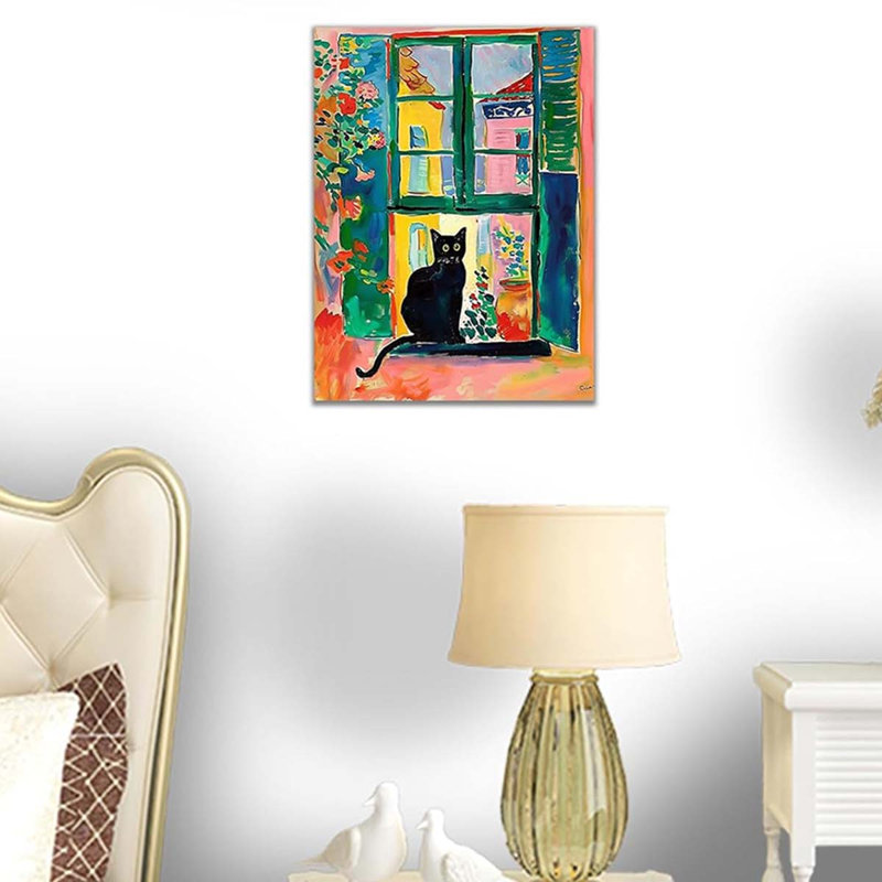 Cat Canvas Wall Art Framed, Matisse Open Window Print Cute Cat Poster Gallery., 40 cm H x 30 cm W