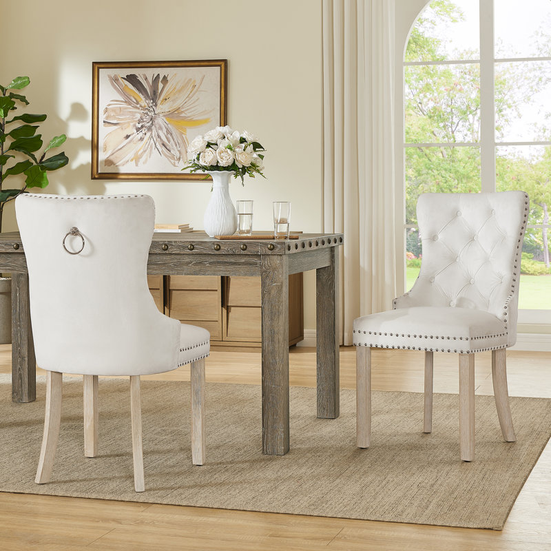 Chaise de salle à manger capitonnée, chaises rembourrées avec tête de clou et anneau de traction, Beige
