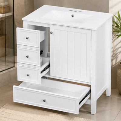 Meuble-lavabo 30 po avec lavabo, 1 armoire et 3 tiroirs, panneau de bois massif et panneau de fibres à densité moyenne, blanc