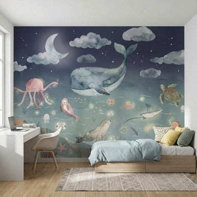 Papier peint aquarelle baleine nuit