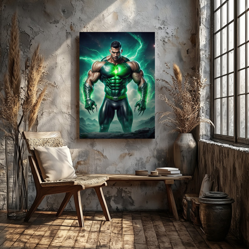 Toile, un super-héros musclé se dresse en toute confiance dans une pose dynamique mettant en vedette un costume vert et noir saisissant orné d'une toile