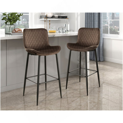 Set Of 2 Pub Height Chairs Brown Velvet Upholstery Modern Casual Dining Furniture Metal Legs, 29-Inch Seat Height, Bar Chairs