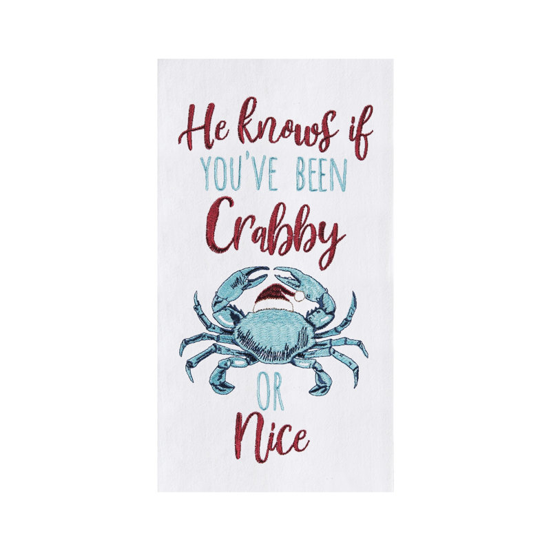 Coastal Beach Christmas "He Knows if You Been Crabby Or Nice" Embroidered Flour Sack Dishtowel