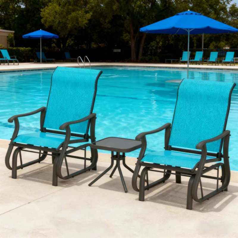 Gliding Chair Set,With Steel Frame, Tempered Glass Top Table For Outdoor, Blue