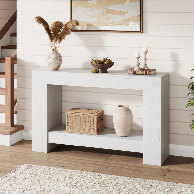 47.2''Farmhouse Console Table – 2-Tier Long Dining Sofa Table – Open Storage Shelf, Versatile Entryway Accent – Living Room, Hallway -White
