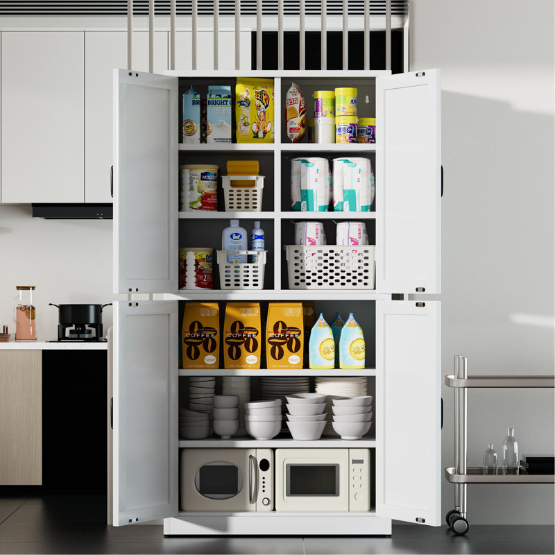Armoire de rangement pour garde-manger en acier blanc avec tablettes réglables, support de charge multicouche, résistant aux intempéries, convient aux cuisines, salles de bains et salons
