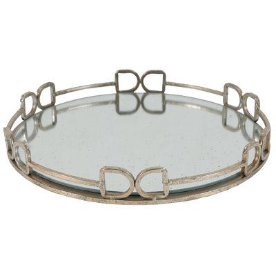 18” Round Mirrored Tray with Distressed Silver Iron Frame, Transitional Home Accent for Living Room, Bedroom, or Entryway