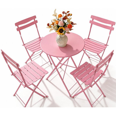 Ensemble bistro 5 pièces pour patio intérieur et extérieur, 1 table pliable avec 4 chaises, structure en métal antirouille, résistant aux intempéries, aucun assemblage requis, rose