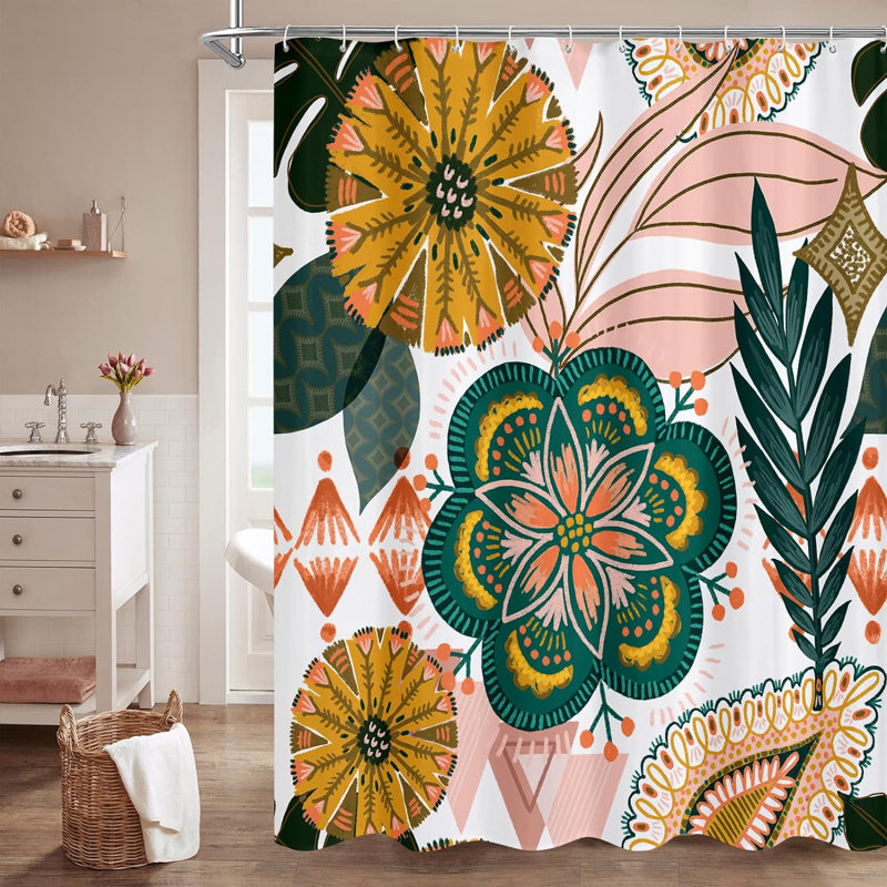 Boho Floral Fabric Shower Curtain with Colorful Tropical Leaves, 72x72