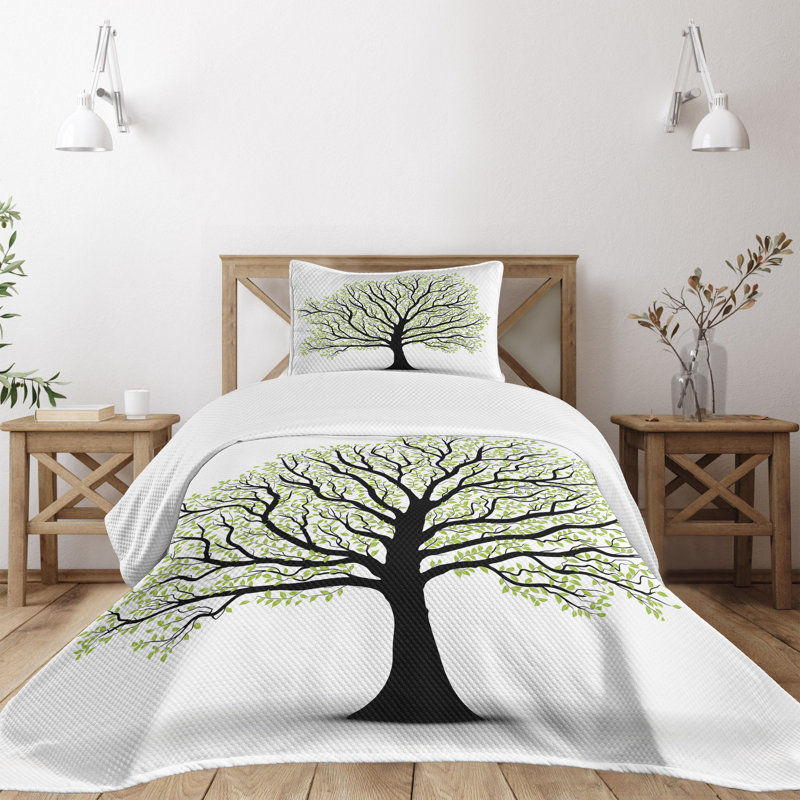 White Twin Quilted Bedspread Set with Tree Design