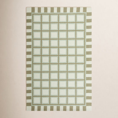 Hand Tufted Wool/Cotton Geometric Rug in Green/Ivory